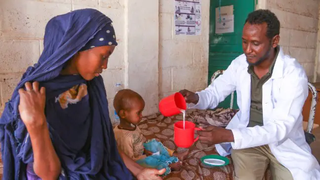 A child suffering from severe acute malnutrition receiving treatment at a health centre supported by Islamic Relief in Ethiopia